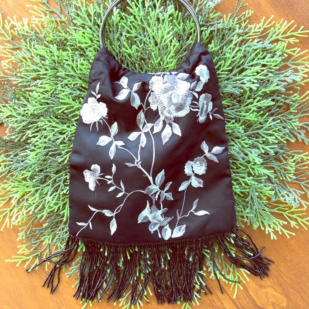 Prom! Embroidered satin wristlet w/ bead tassels